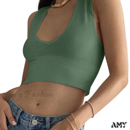 Seamless Rib Plunge Scoop Neck U Back Sports Bra Crop Top Green / M