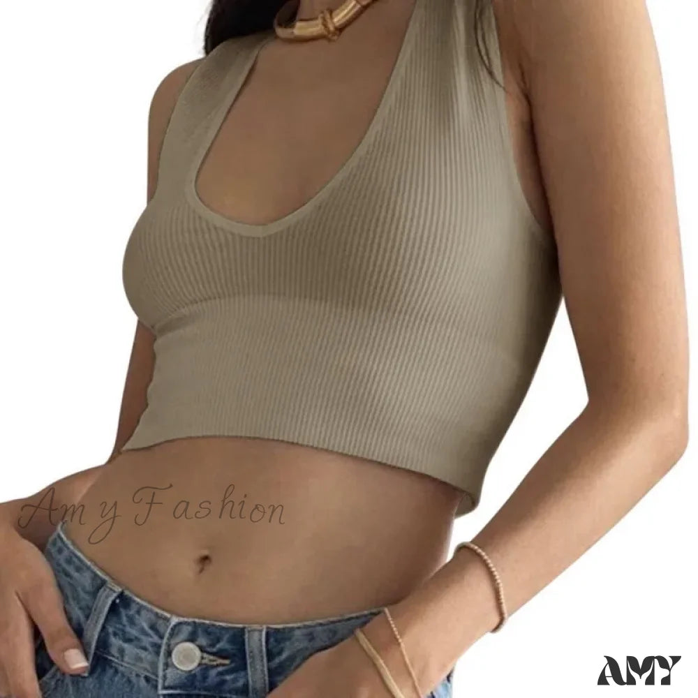 Seamless Rib Plunge Scoop Neck U Back Sports Bra Crop Top Khaki / M