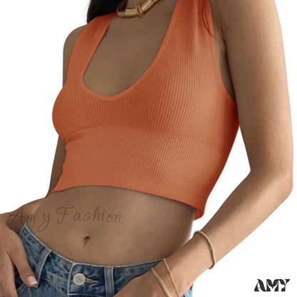 Seamless Rib Plunge Scoop Neck U Back Sports Bra Crop Top Orange / M