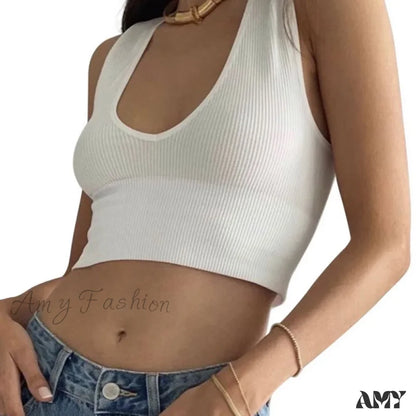 Seamless Rib Plunge Scoop Neck U Back Sports Bra Crop Top White / M