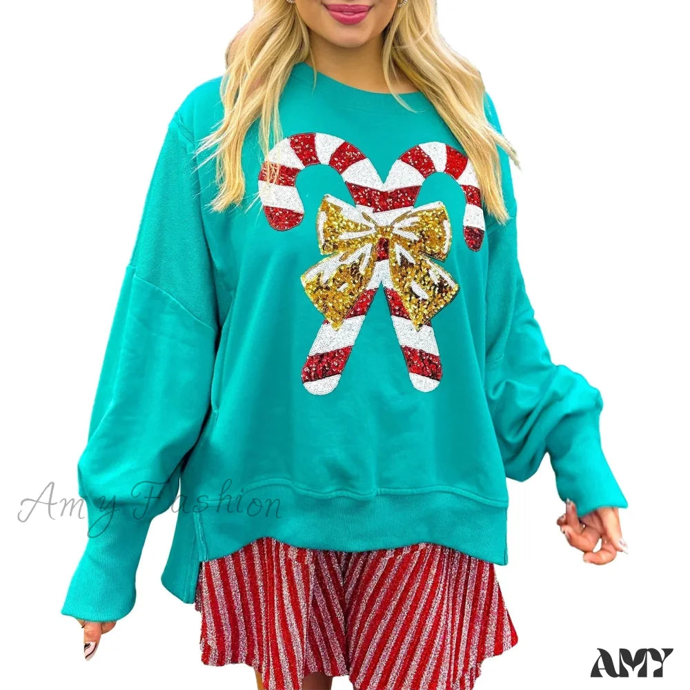 Sequin Candy Cane Oversized Side Slit Sparkly Pullover Hoodie - Christmas Holiday Theme Green / S