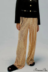 Sequin Slim-Fit Straight Casual Pants Gold / S