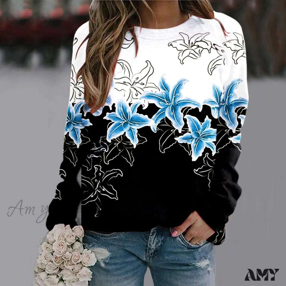 Sequins Butterfly 3D Printed O Neck Long Sleeve Sweatshirt 1-Light Blue / S