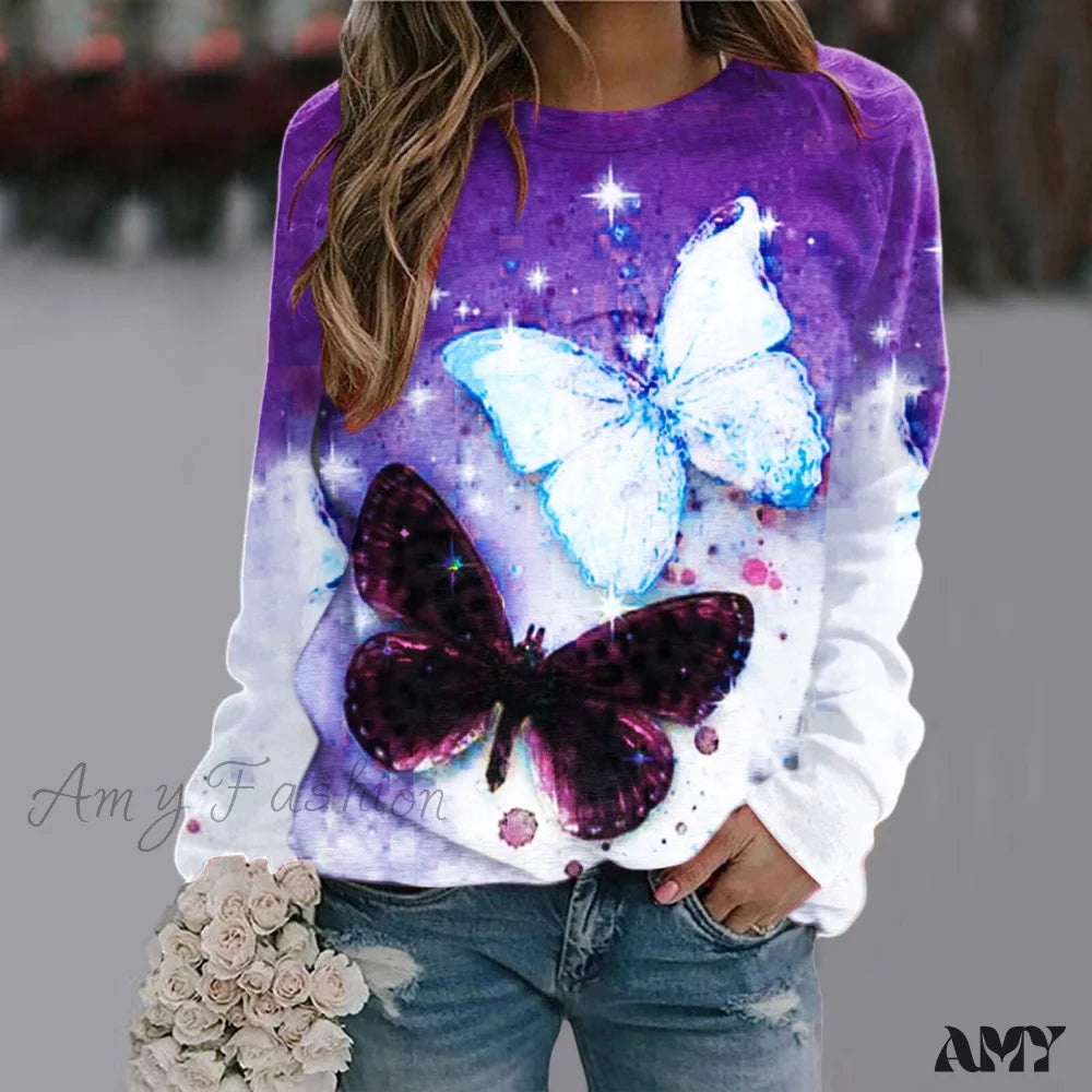 Sequins Butterfly 3D Printed O Neck Long Sleeve Sweatshirt 2-Purple / S