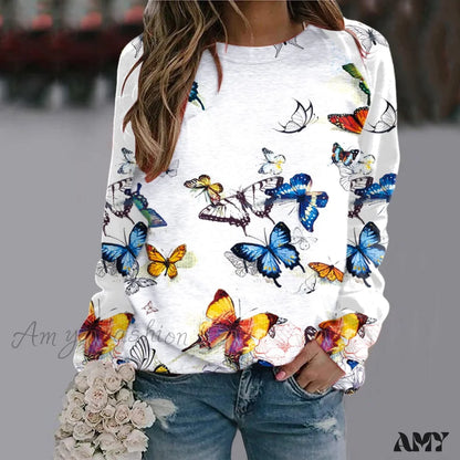 Sequins Butterfly 3D Printed O Neck Long Sleeve Sweatshirt 2-White / S