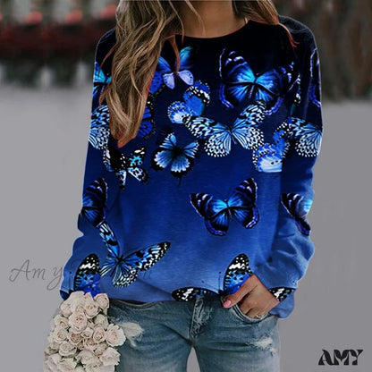 Sequins Butterfly 3D Printed O Neck Long Sleeve Sweatshirt 3-Blue / S