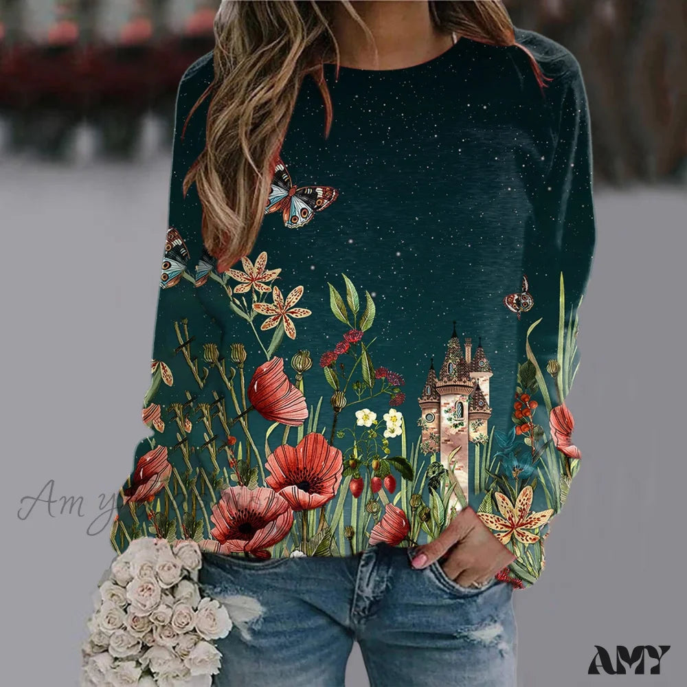 Sequins Butterfly 3D Printed O Neck Long Sleeve Sweatshirt 3-Green / S