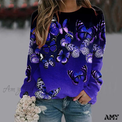 Sequins Butterfly 3D Printed O Neck Long Sleeve Sweatshirt 3-Purple / S