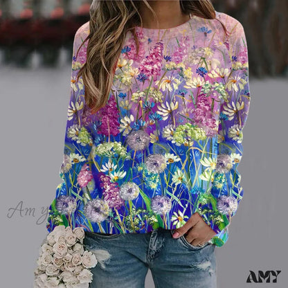 Sequins Butterfly 3D Printed O Neck Long Sleeve Sweatshirt 4-Blue / S