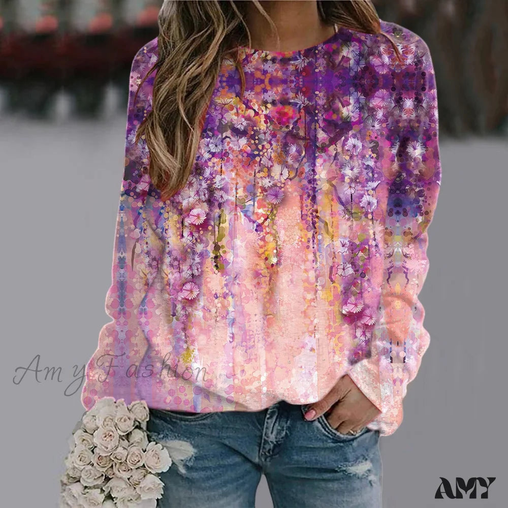 Sequins Butterfly 3D Printed O Neck Long Sleeve Sweatshirt 4-Pink / S