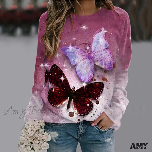 Sequins Butterfly 3D Printed O Neck Long Sleeve Sweatshirt