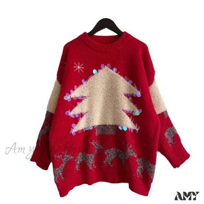 Sequins Christmas Tree Deer Jacquard Crew Neck Sweater