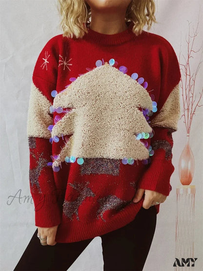 Sequins Christmas Tree Deer Jacquard Crew Neck Sweater