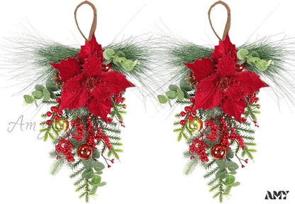 Set Of 2 Christmas Teardrop Swags With Red Berries Poinsettia / 20’’