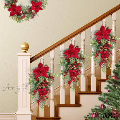 Set Of 2 Christmas Teardrop Swags With Red Berries Poinsettia