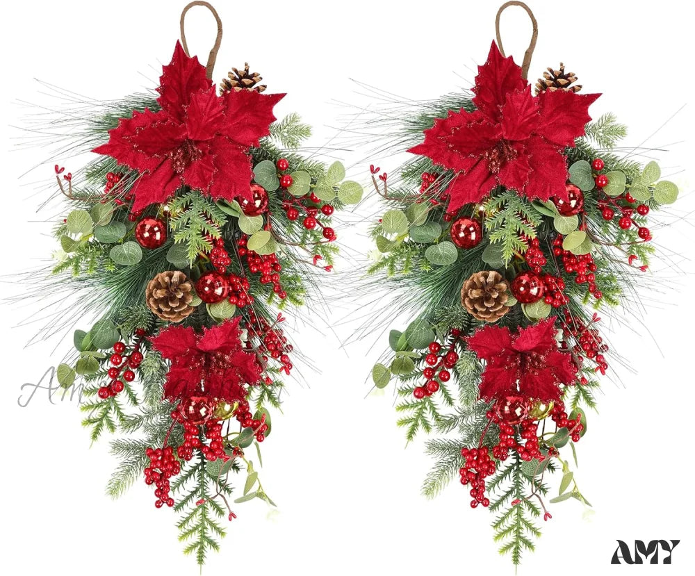 Set Of 2 Christmas Teardrop Swags With Red Berries Poinsettia / 25’’