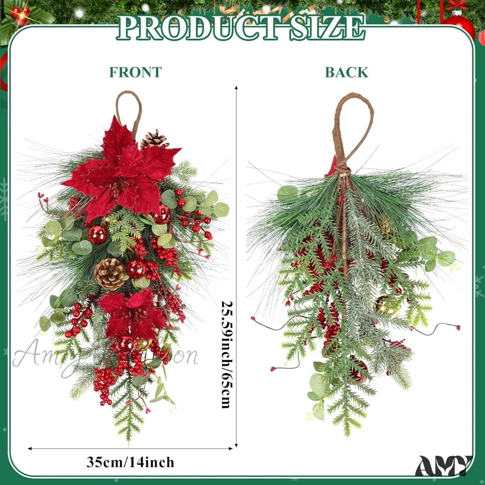 Set Of 2 Christmas Teardrop Swags With Red Berries Poinsettia