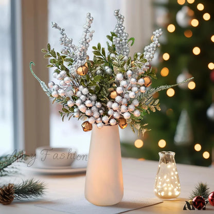 Set Of 4 Silver Holly Berry Stems Picks For Christmas Centerpiece Table Decoration