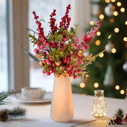 Set Of 4 Silver Holly Berry Stems Picks For Christmas Centerpiece Table Decoration Red