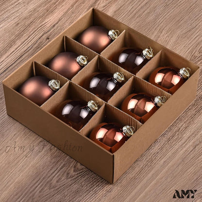 Set Of 9 Brown Glass Christmas Ball Ornaments With Various Finishes / 9-3.15Inch