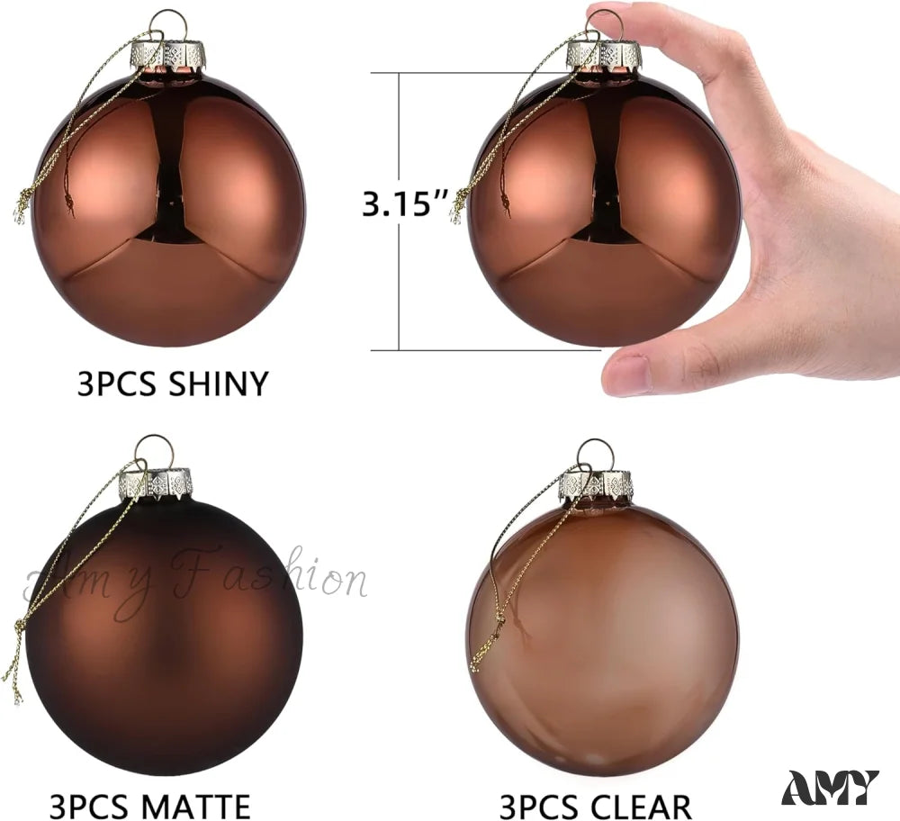 Set Of 9 Brown Glass Christmas Ball Ornaments With Various Finishes