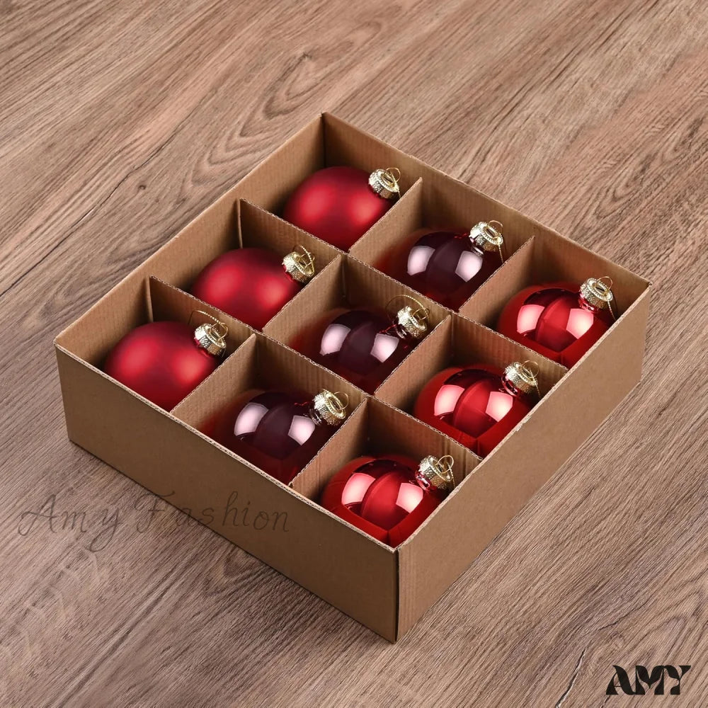 Set Of 9 Brown Glass Christmas Ball Ornaments With Various Finishes Red / 9-3.15Inch