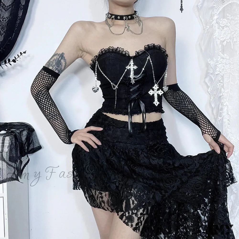 Sexy Dark Chain Top Gothic Wrapped Chest Tube Style Crop