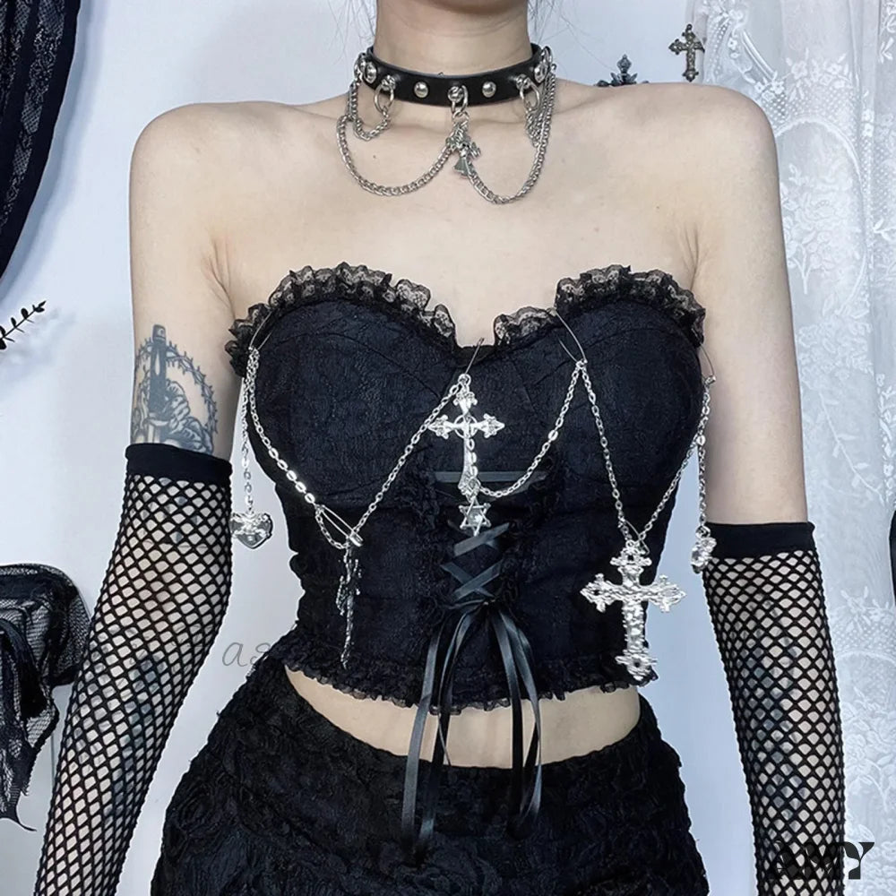 Sexy Dark Chain Top Gothic Wrapped Chest Tube Style Crop