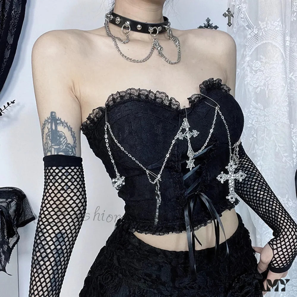 Sexy Dark Chain Top Gothic Wrapped Chest Tube Style Crop Black / S