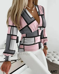 Sexy Deep V Neck Print Slim Femme Blouse Plaid / S