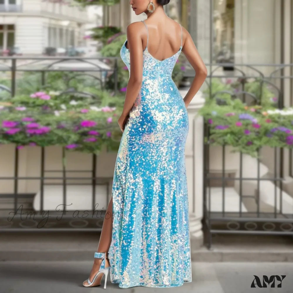 Sexy Elegant Strapless Tempting Backless Sophisticated High-Split Long Maxi Dress Blue / S