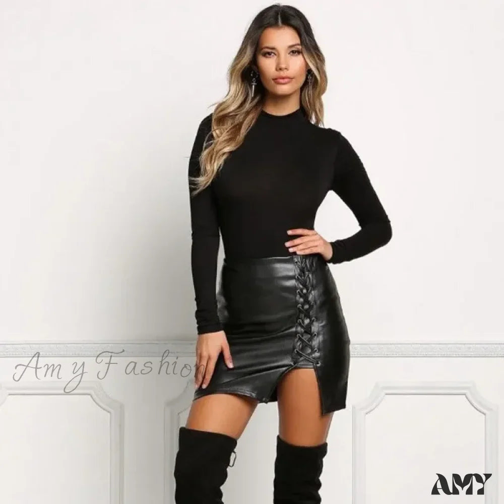 Sexy Girls Above Knee Black Pu Leather High Waist Bodycon Front Split Mini Skirt