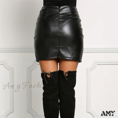 Sexy Girls Above Knee Black Pu Leather High Waist Bodycon Front Split Mini Skirt