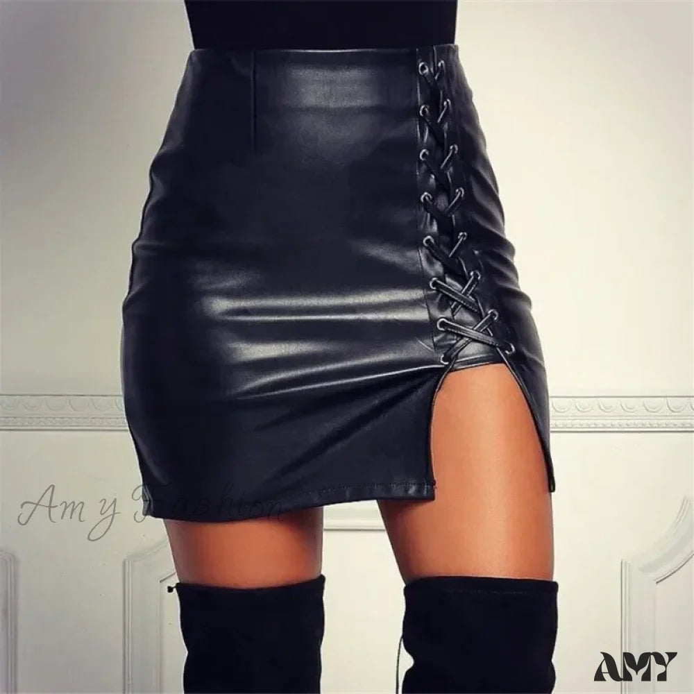 Sexy Girls Above Knee Black Pu Leather High Waist Bodycon Front Split Mini Skirt / S