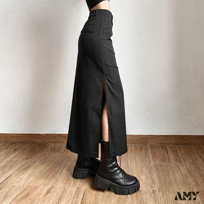 Sexy Goth Dark Waist Black Cargo Y2K Gothic High Grunge Midi Skirt Split Streetwear