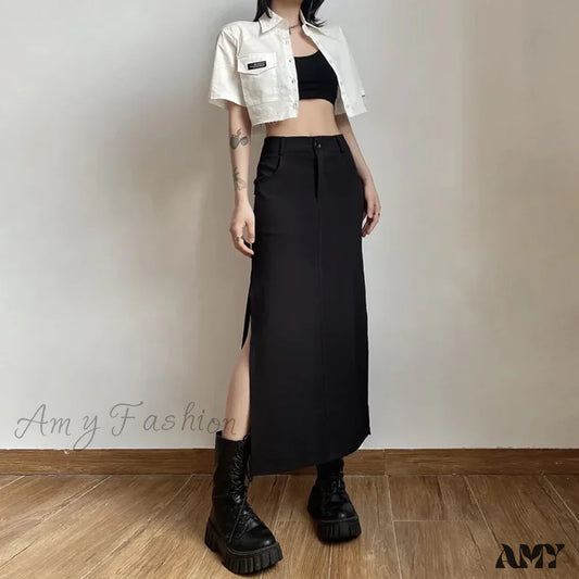 Sexy Goth Dark Waist Black Cargo Y2K Gothic High Grunge Midi Skirt Split Streetwear