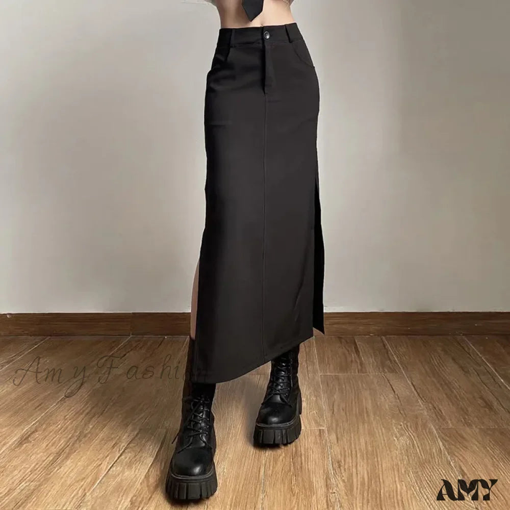 Sexy Goth Dark Waist Black Cargo Y2K Gothic High Grunge Midi Skirt Split Streetwear