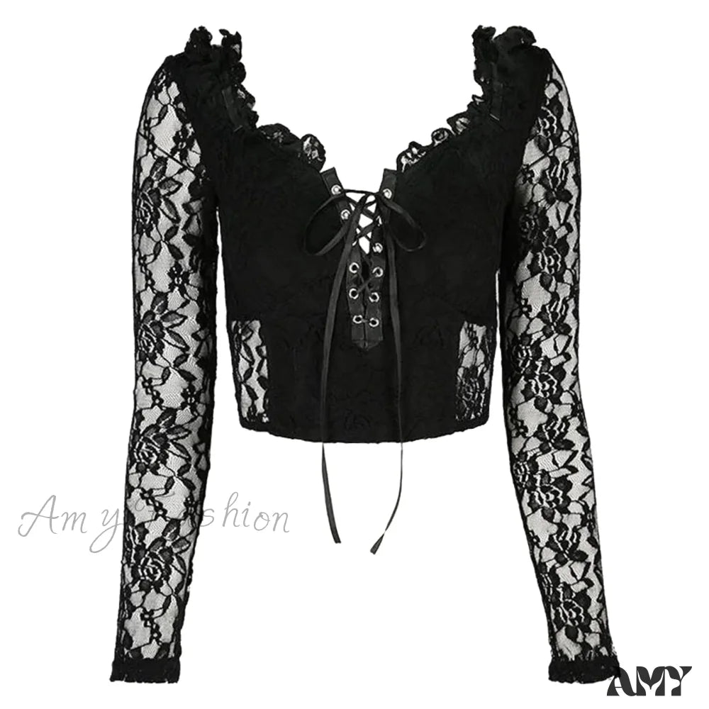 Sexy Lace Cropped Gothic Elegant Hollow Sleeve Retro Crop Top