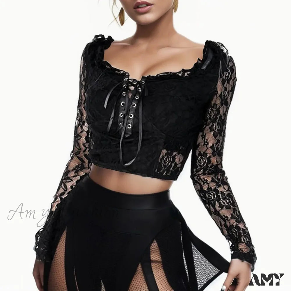 Sexy Lace Cropped Gothic Elegant Hollow Sleeve Retro Crop Top Black / S