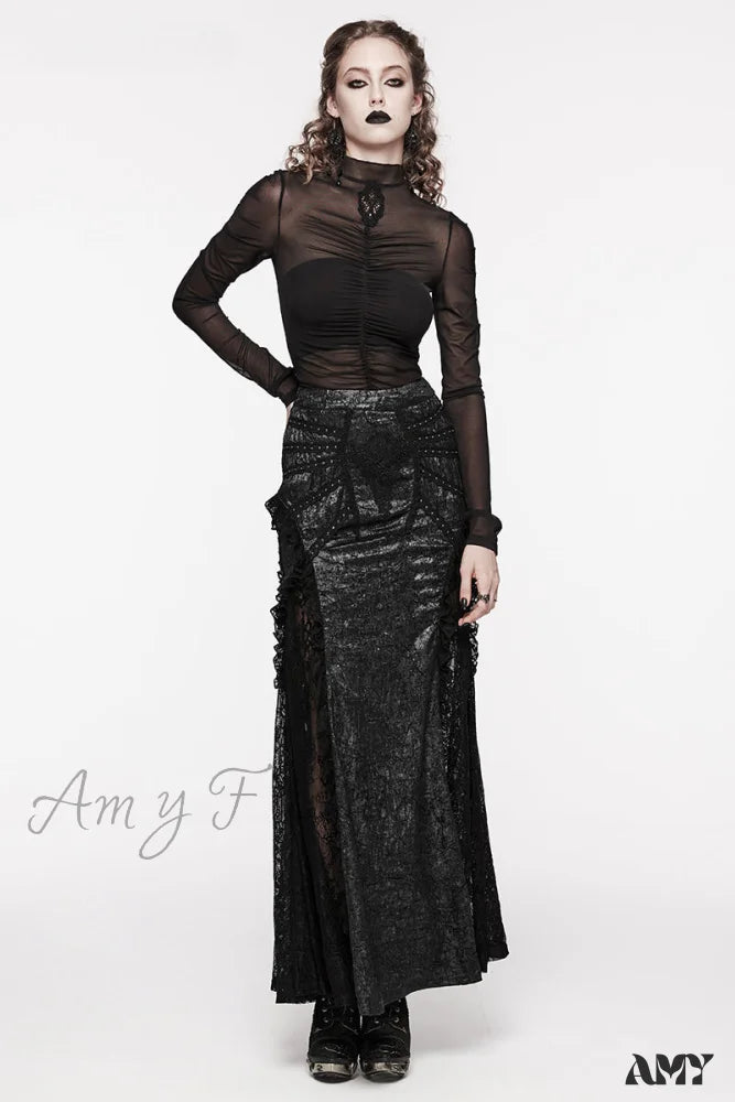 Sexy Long Lace Splicing Midi Gorgeous Club Skirt Party Decoration Women’s Gothic Textured Black / Xs