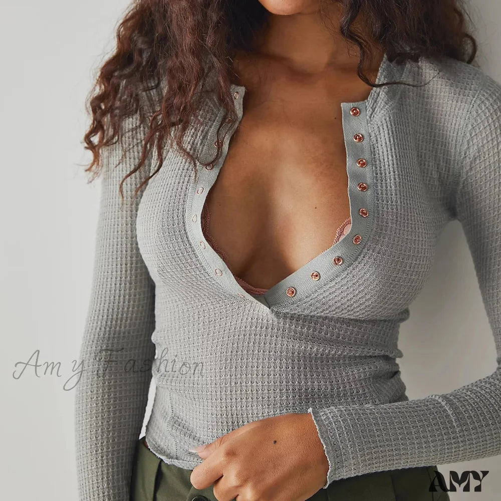 Sexy Long Sleeve Deep V Neck Waffle Knit Slim Fitted Crop Top