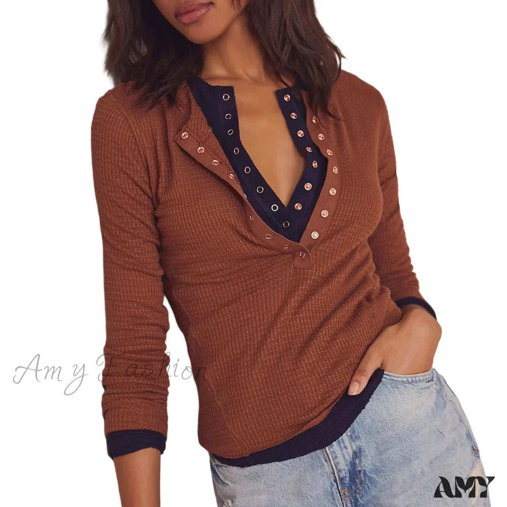 Sexy Long Sleeve Deep V Neck Waffle Knit Slim Fitted Crop Top Dark Brown / S