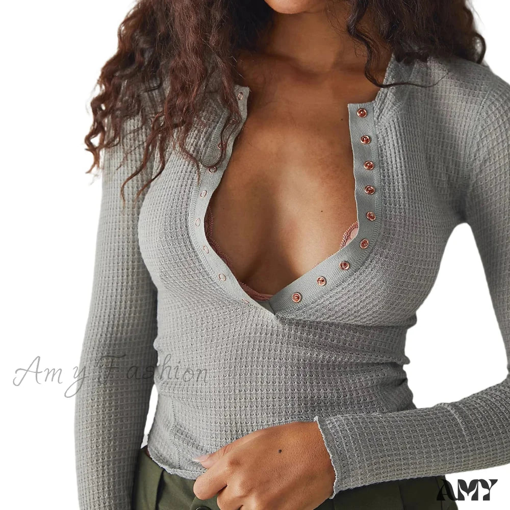 Sexy Long Sleeve Deep V Neck Waffle Knit Slim Fitted Crop Top Gray / S