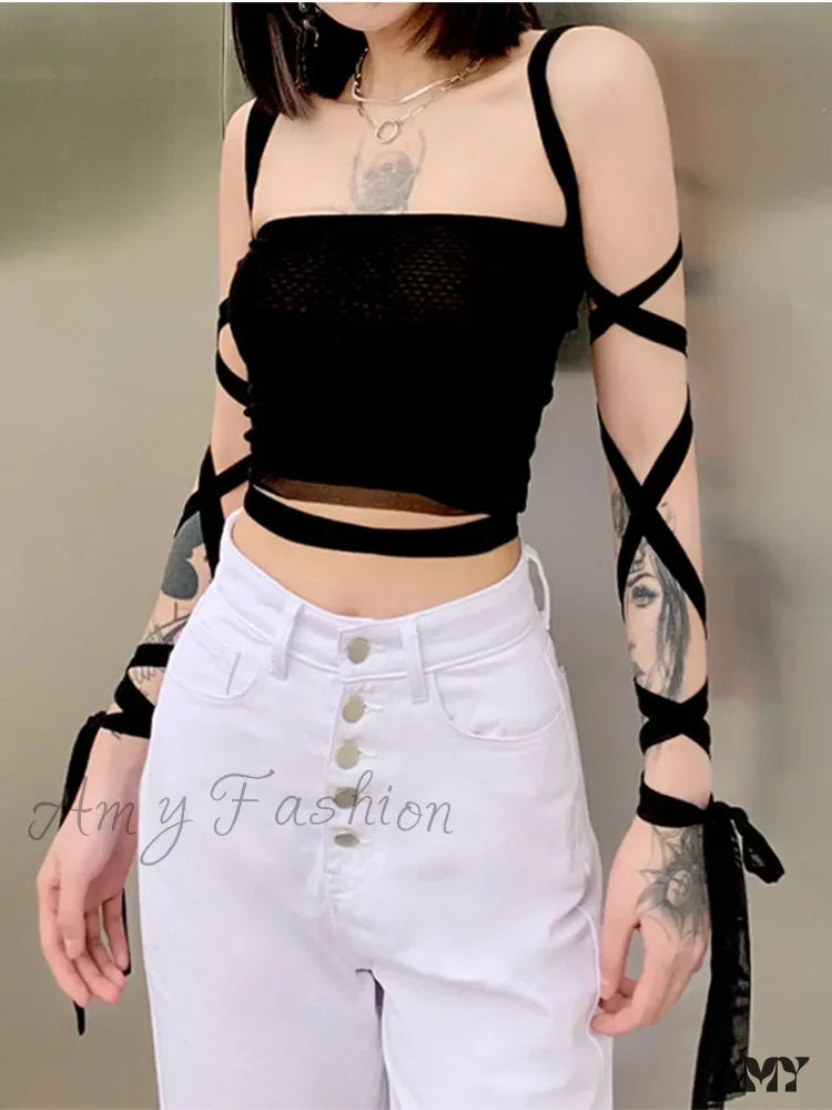 Sexy Mesh Grunge Cyber Mall Crop Fairy Top Bandage Y2K Up Goth Lace