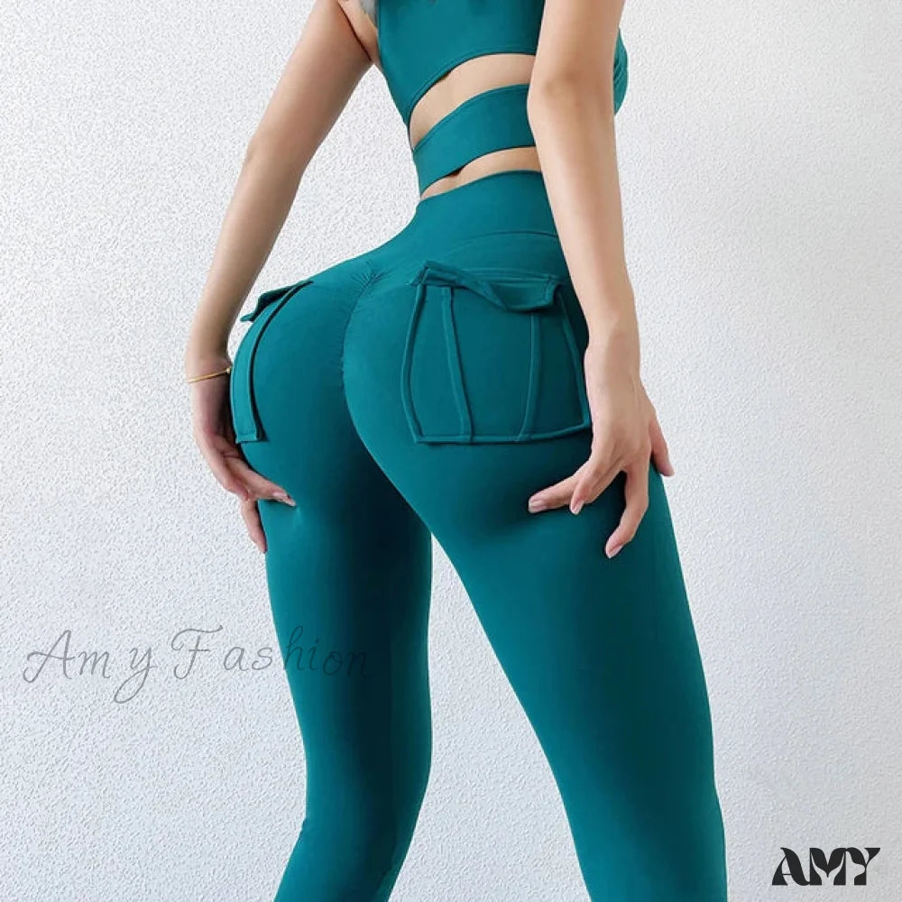 Sexy Naked Feeling High Waist Push Up Stretch Workout Running Gym With Pocket Leggings Lake Green /