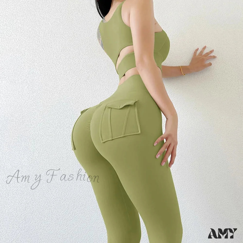 Sexy Naked Feeling High Waist Push Up Stretch Workout Running Gym With Pocket Leggings Matcha Green