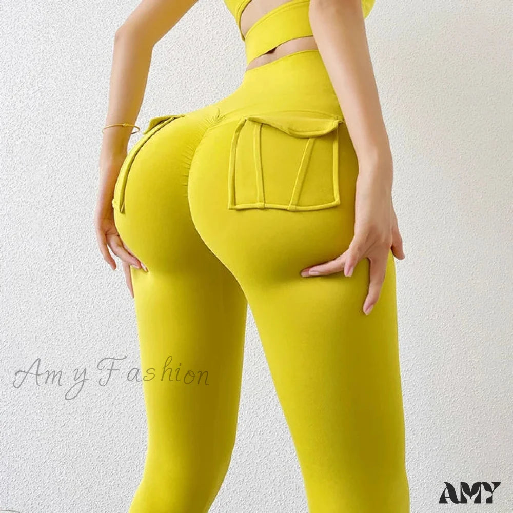 Sexy Naked Feeling High Waist Push Up Stretch Workout Running Gym With Pocket Leggings Yellow / S