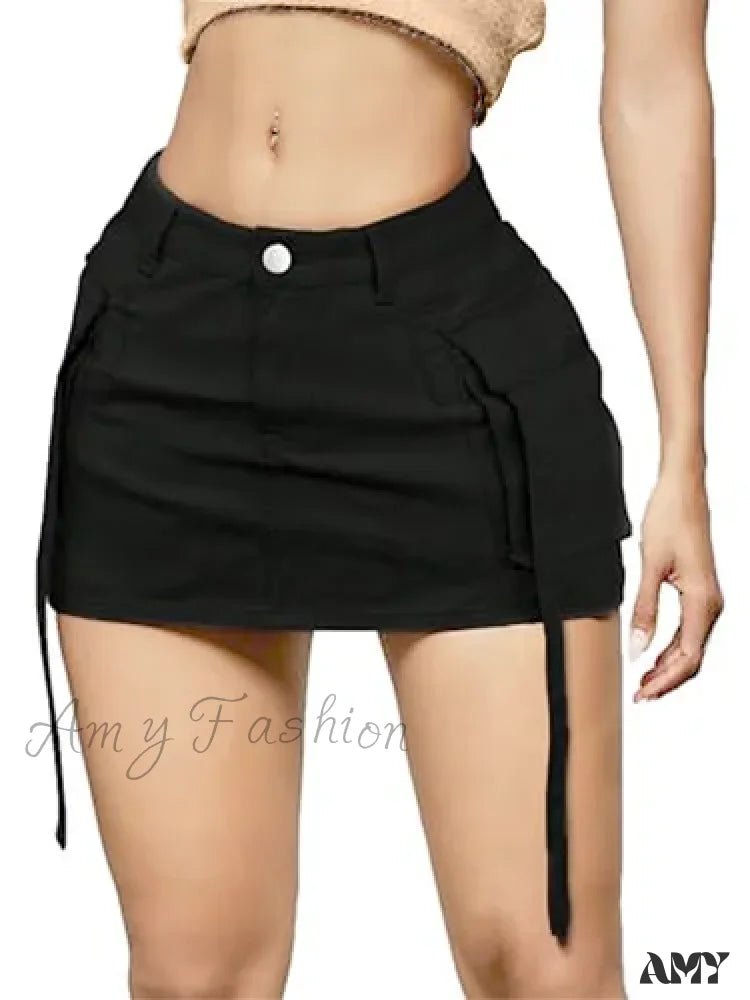 Sexy Short Slim Fit Casual Regular Elegant Splice Denim High Waist Hip Wrap A-Line Skirt Black / Xs