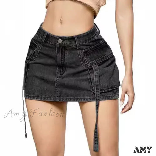 Sexy Short Slim Fit Casual Regular Elegant Splice Denim High Waist Hip Wrap A-Line Skirt Dark Gery