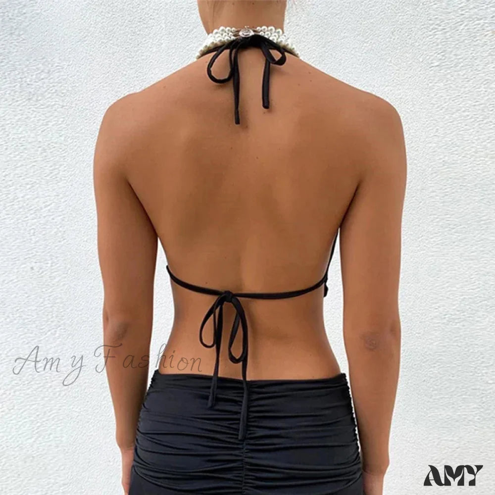 Sexy Sleeveless Backless Lacing Spaghetti Strap Halter Crop Top